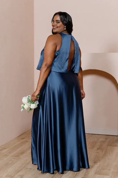 Stylish Elegant Navy Blue Satin A-Line Scoop Neck Sleeveless Floor-Length Prom Dress