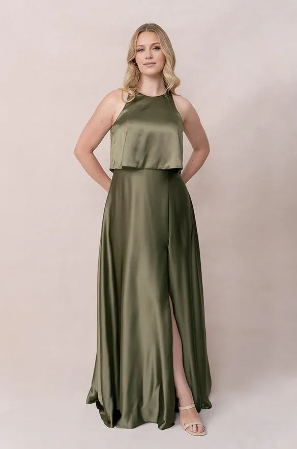 Beautiful Elegant Olive Green Satin A-Line Scoop Neck Sleeveless Floor-Length Prom Dress