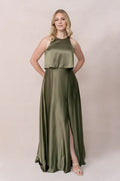 Beautiful Elegant Olive Green Satin A-Line Scoop Neck Sleeveless Floor-Length Prom Dress