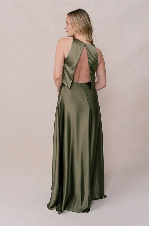 Beautiful Elegant Olive Green Satin A-Line Scoop Neck Sleeveless Floor-Length Prom Dress