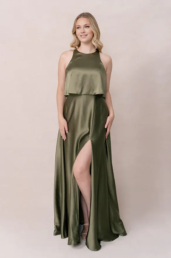 Beautiful Elegant Olive Green Satin A-Line Scoop Neck Sleeveless Floor-Length Prom Dress