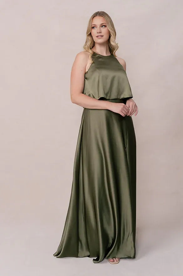 Beautiful Elegant Olive Green Satin A-Line Scoop Neck Sleeveless Floor-Length Prom Dress