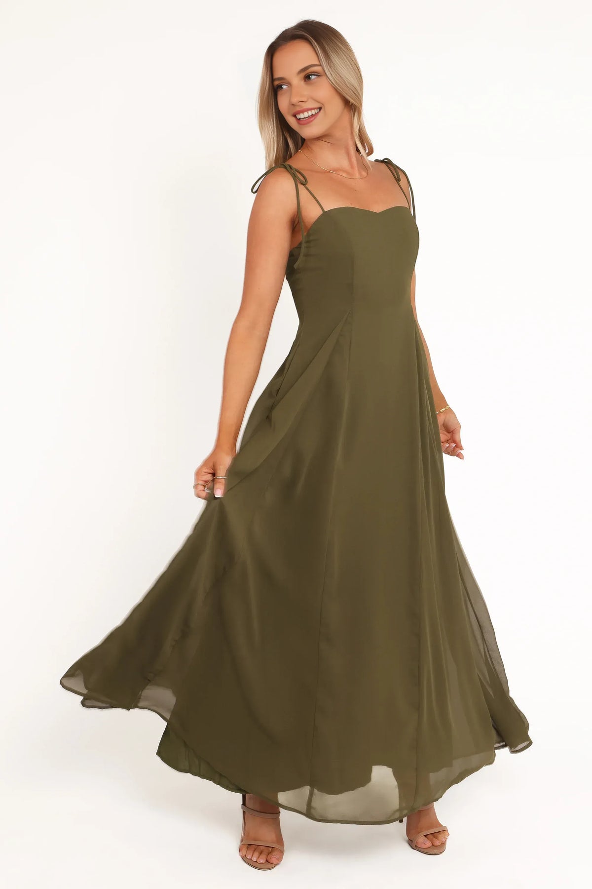 Sophisticated Graceful Stylish Elegant Olive Green Chiffon A-Line Sleeveless Floor-Length Prom Dress