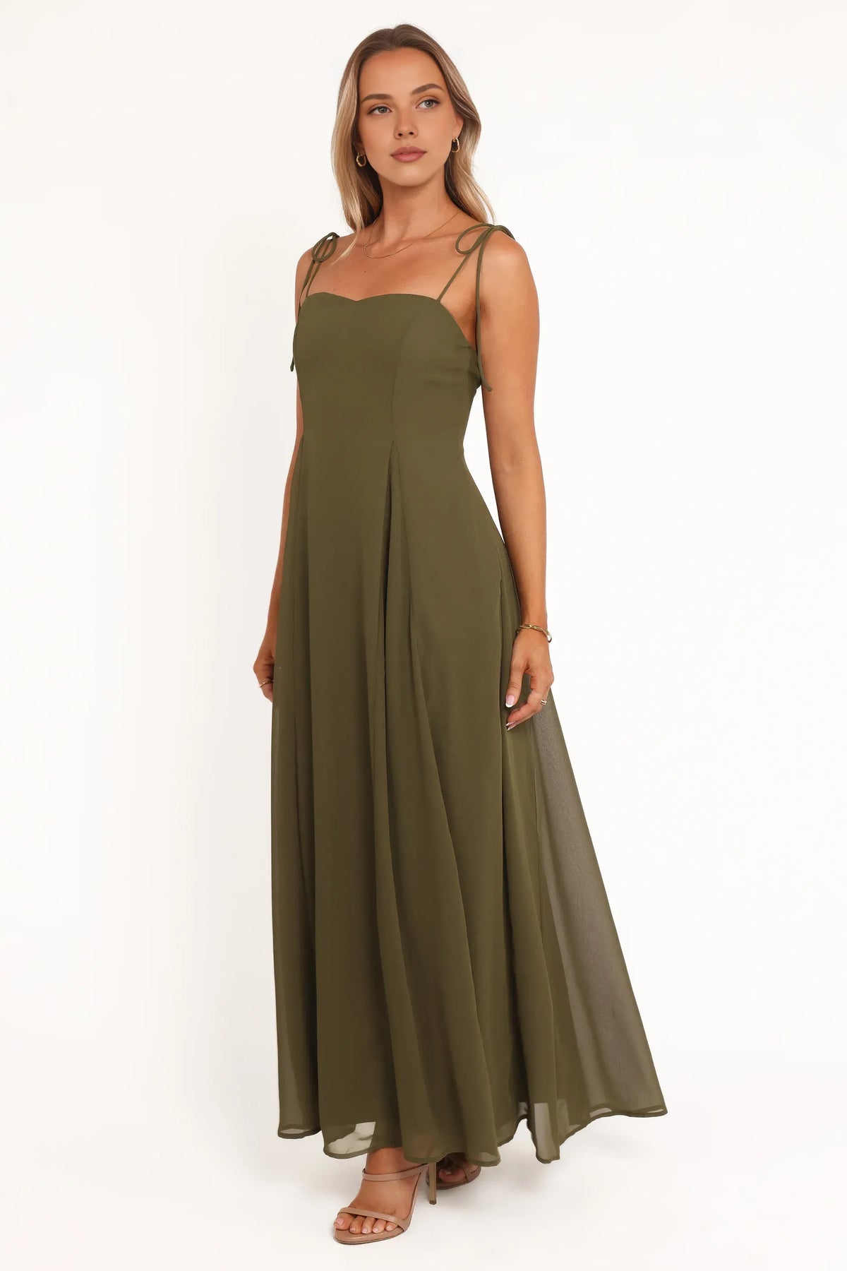 Sophisticated Graceful Stylish Elegant Olive Green Chiffon A-Line Sleeveless Floor-Length Prom Dress