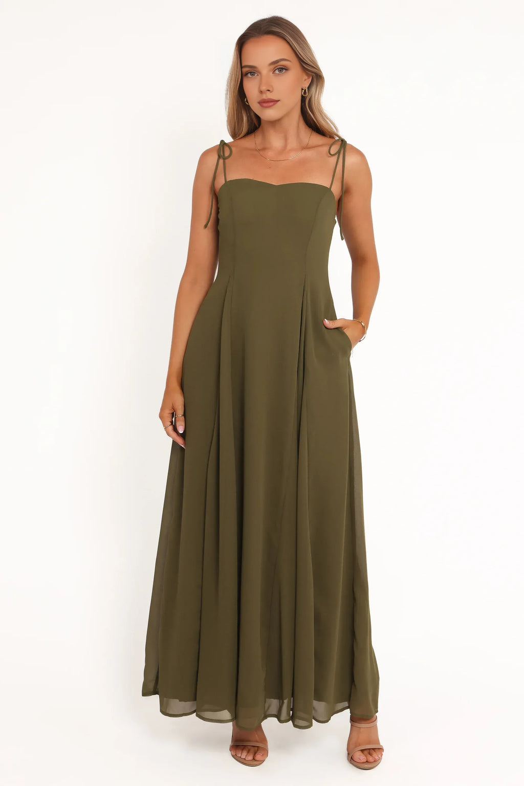 Sophisticated Graceful Stylish Elegant Olive Green Chiffon A-Line Sleeveless Floor-Length Prom Dress