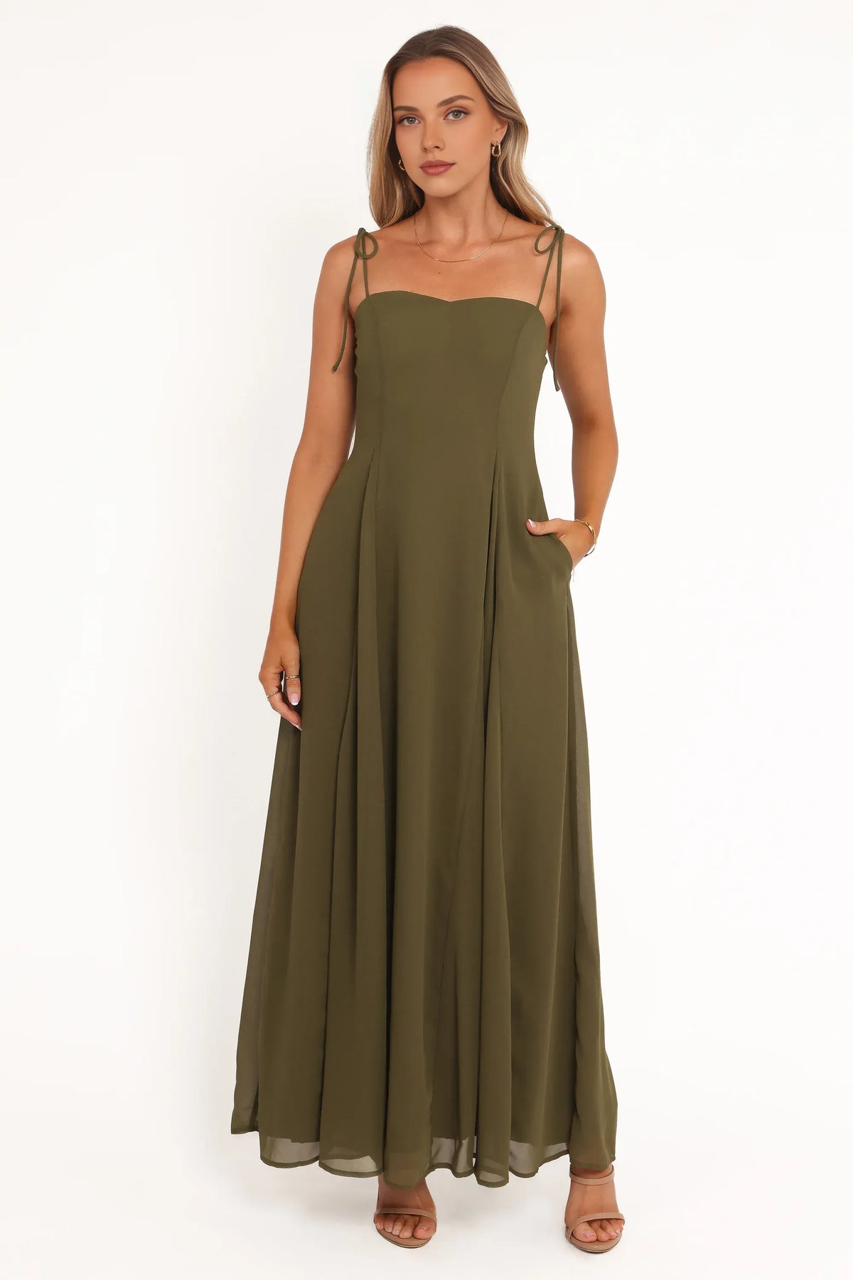 Sophisticated Graceful Stylish Elegant Olive Green Chiffon A-Line Sleeveless Floor-Length Prom Dress
