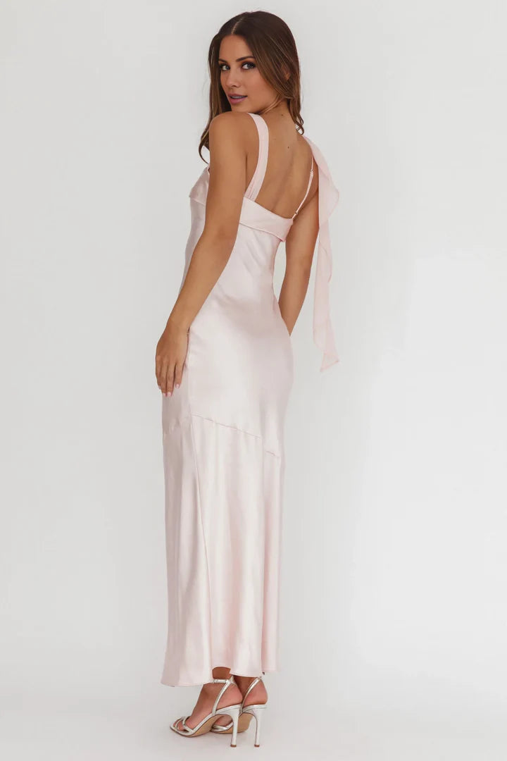 Blush Pink Bow-Back Square-Neck Satin Prom Dress