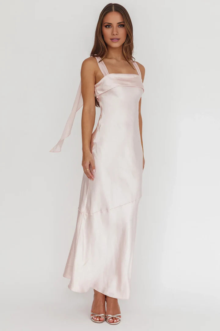 Blush Pink Bow-Back Square-Neck Satin Prom Dress