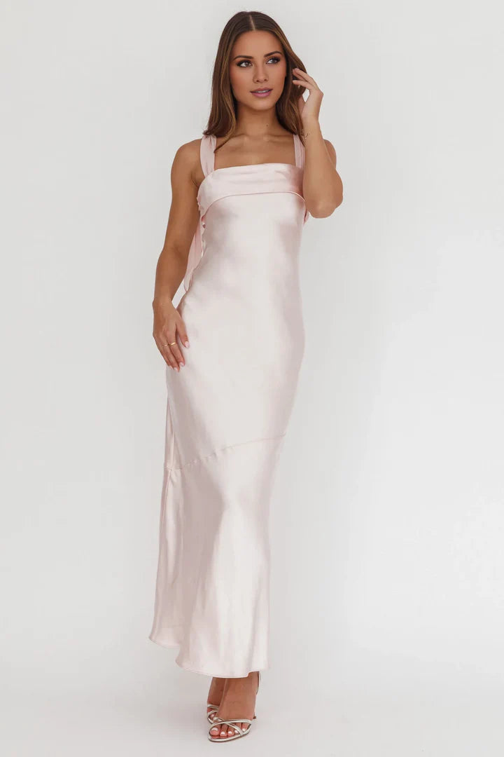 Blush Pink Bow-Back Square-Neck Satin Prom Dress