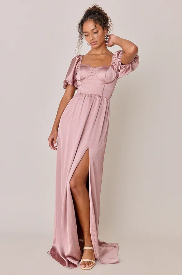 Elegant Blush Pink Satin A-Line Square Neck Short Sleeve Floor-Length Prom Dress