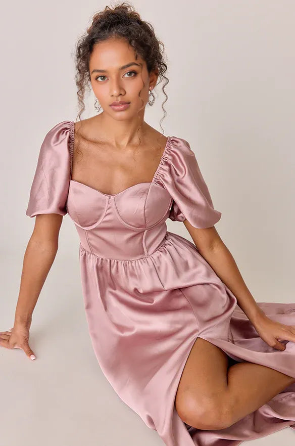 Elegant Blush Pink Satin A-Line Square Neck Short Sleeve Floor-Length Prom Dress