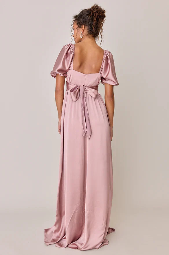 Elegant Blush Pink Satin A-Line Square Neck Short Sleeve Floor-Length Prom Dress