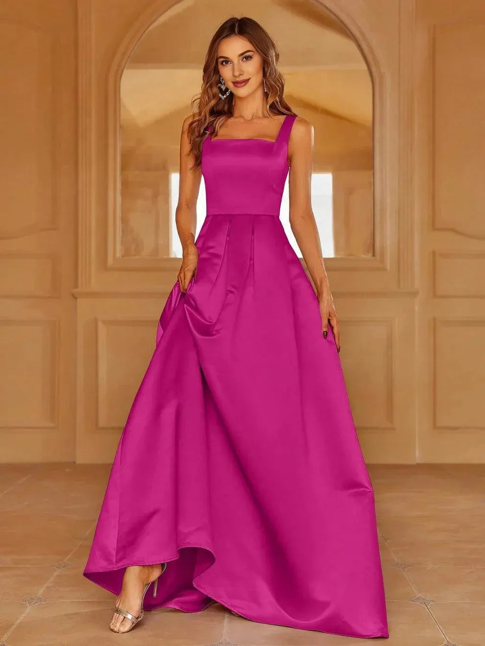 Graceful Stylish Elegant Red Lace A-Line Square Neck Sleeveless Floor-Length Prom Dress