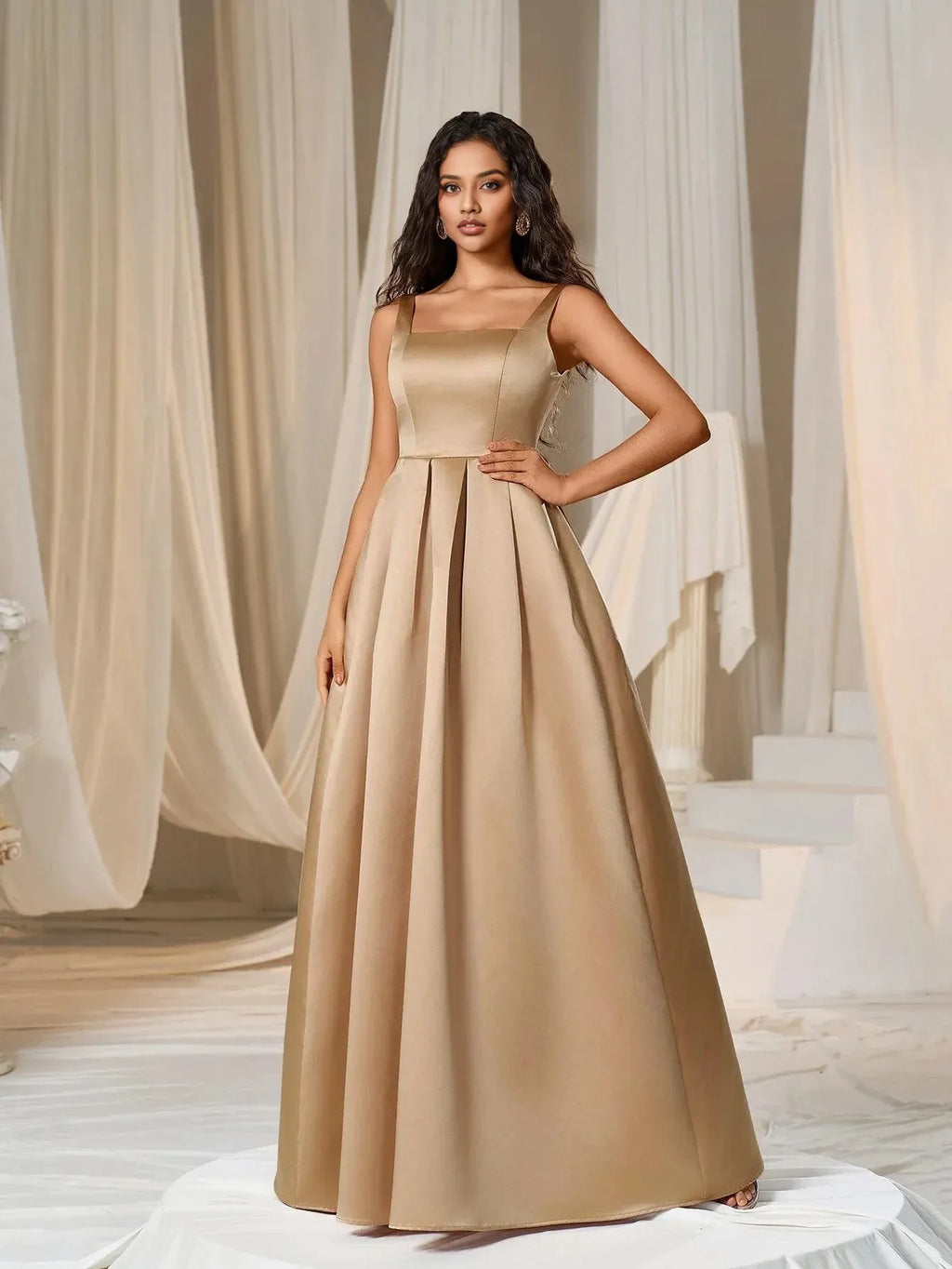 Graceful Stylish Elegant Red Lace A-Line Square Neck Sleeveless Floor-Length Prom Dress