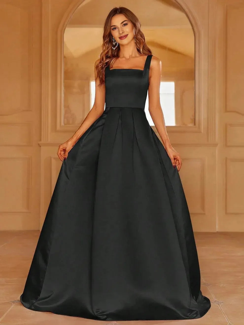 Graceful Stylish Elegant Red Lace A-Line Square Neck Sleeveless Floor-Length Prom Dress