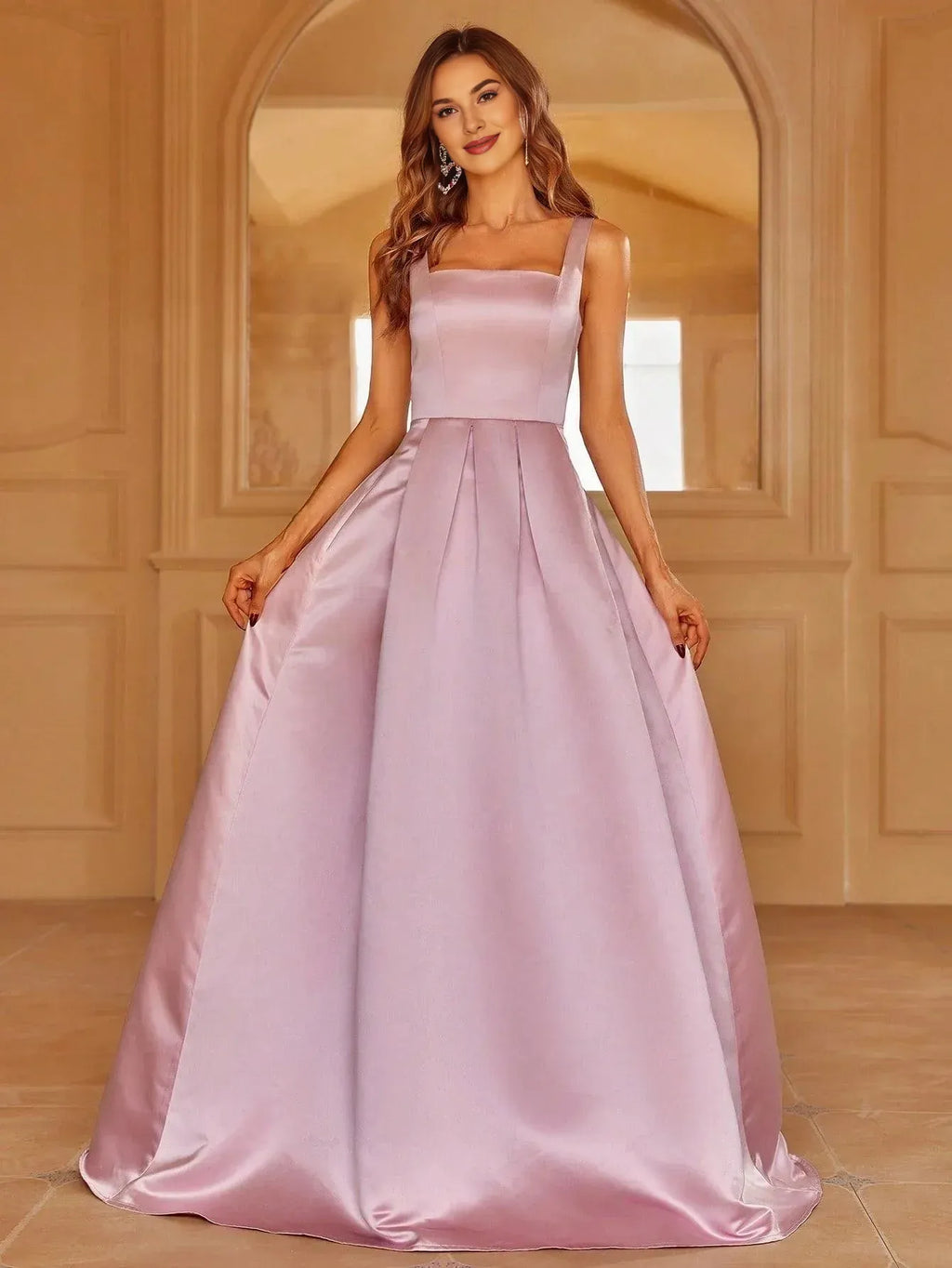 Graceful Stylish Elegant Red Lace A-Line Square Neck Sleeveless Floor-Length Prom Dress