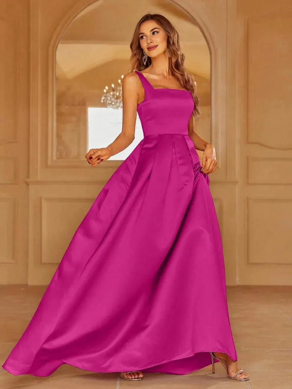 Graceful Stylish Elegant Red Lace A-Line Square Neck Sleeveless Floor-Length Prom Dress