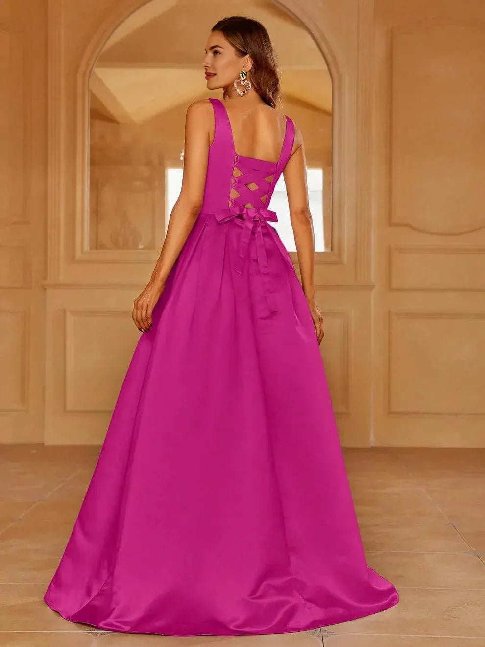 Graceful Stylish Elegant Red Lace A-Line Square Neck Sleeveless Floor-Length Prom Dress