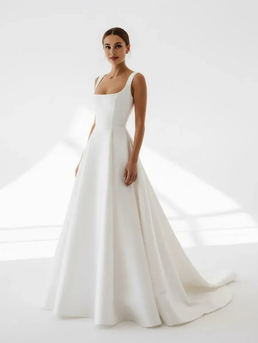Graceful Stylish Refined Elegant White Satin A-Line Square Neck Sleeveless Wedding Dress