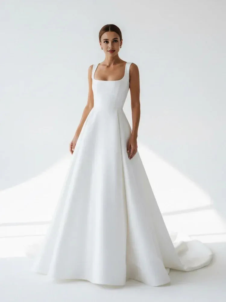 Graceful Stylish Refined Elegant White Satin A-Line Square Neck Sleeveless Wedding Dress