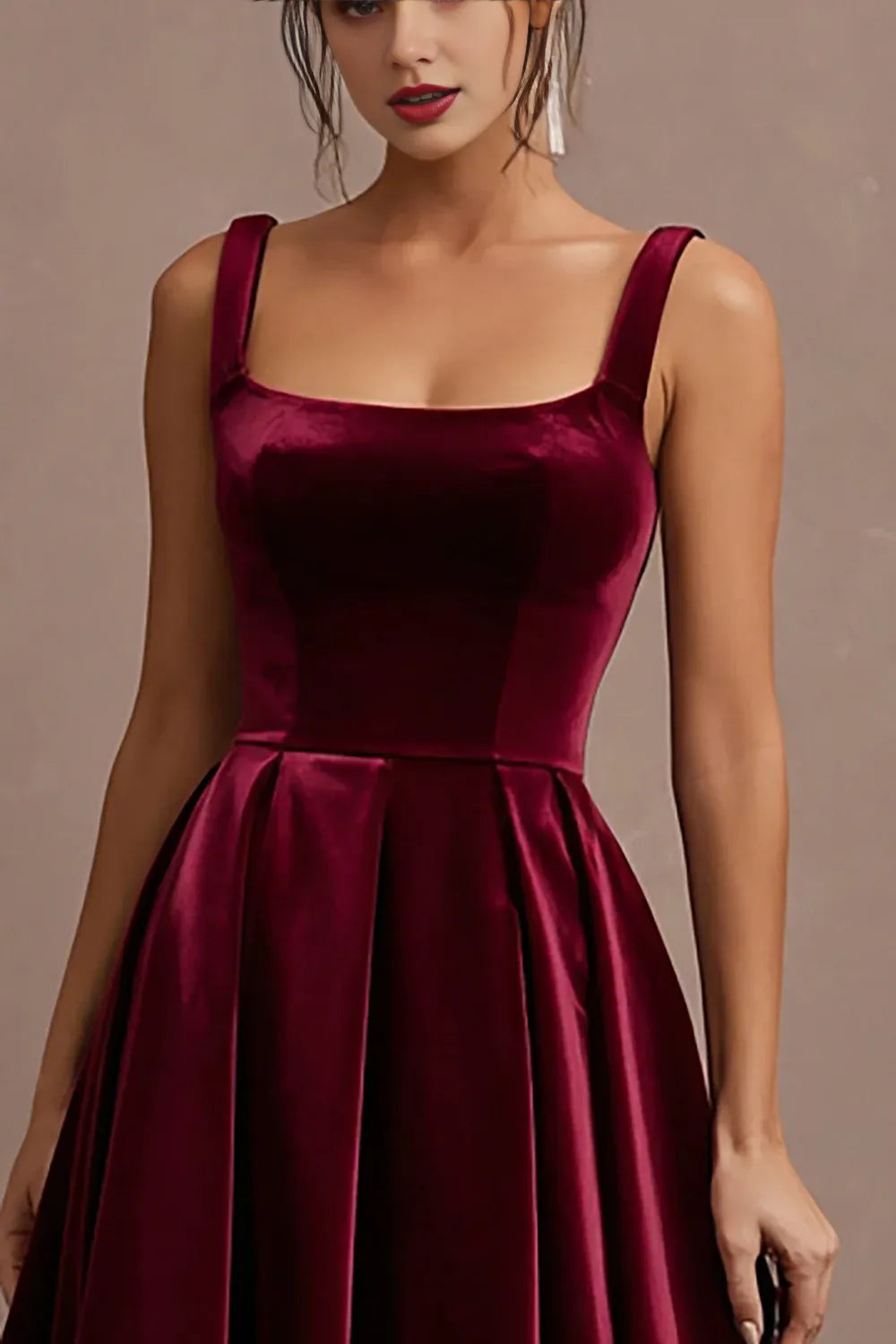 Beautiful Timeless Elegant Burgundy Velvet A-Line Square Neck Sleeveless Tea-Length Prom Dress