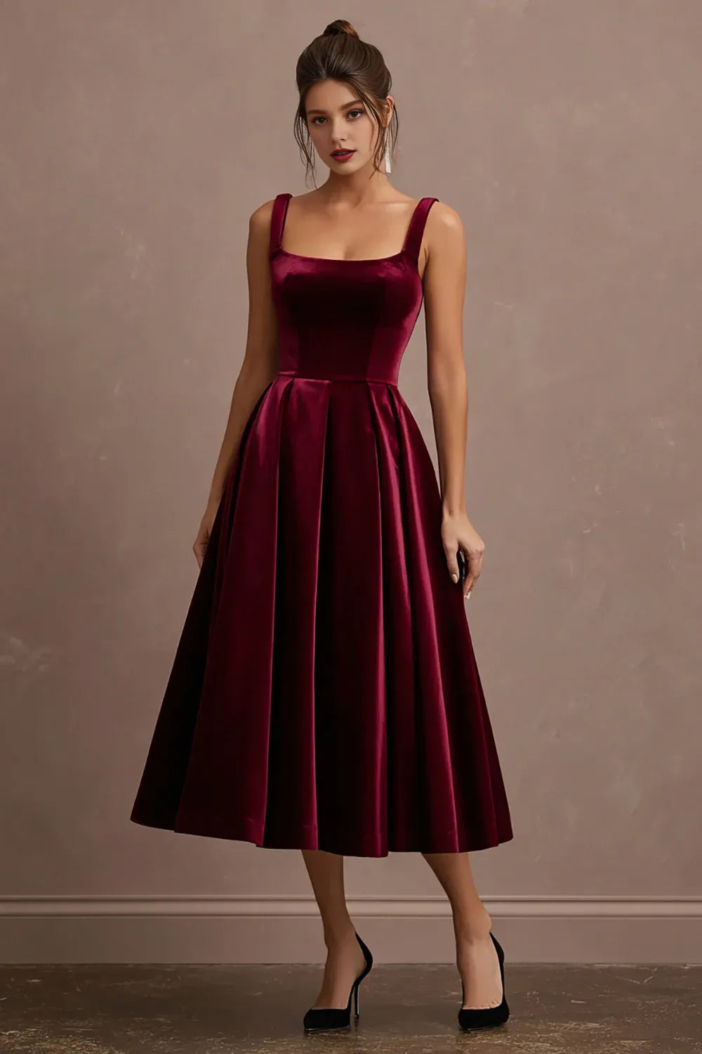 Beautiful Timeless Elegant Burgundy Velvet A-Line Square Neck Sleeveless Tea-Length Prom Dress
