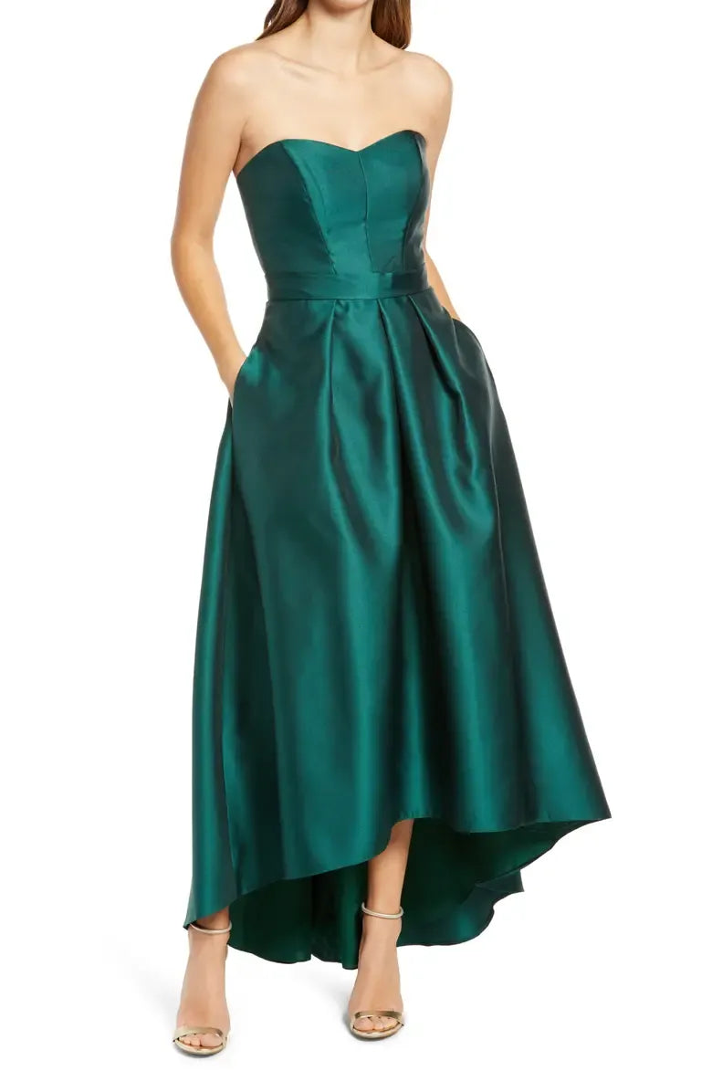 Stylish Refined Beautiful Elegant Emerald Green Satin A-Line Strapless Sleeveless Prom Dress