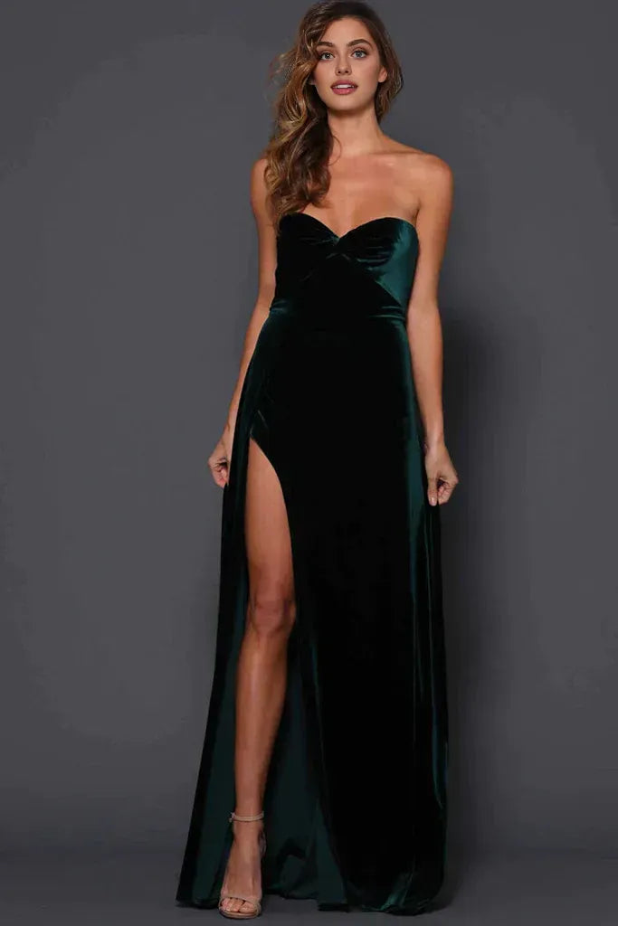 Special Occasion Sophisticated Graceful Elegant Emerald Green Velvet A-Line Strapless Sleeveless Prom Dress
