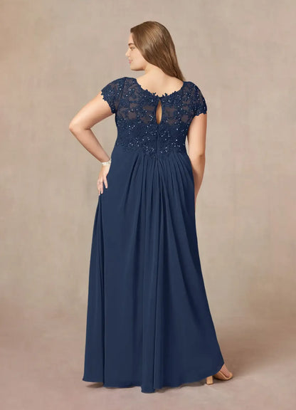 Elegant Navy Blue Chiffon A-Line V-Neck Floor-Length Mother of the Bride Dress
