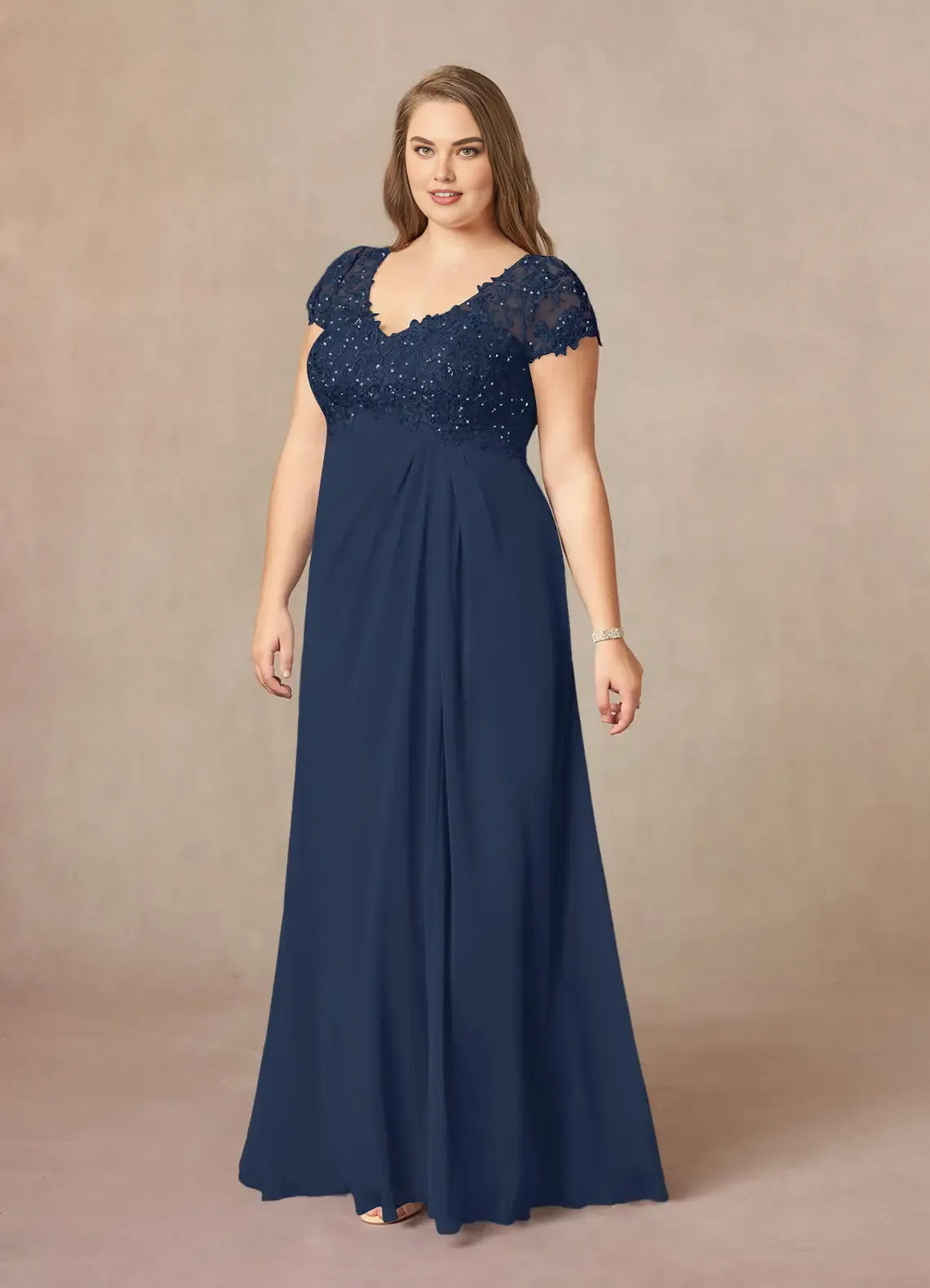 Elegant Navy Blue Chiffon A-Line V-Neck Floor-Length Mother of the Bride Dress