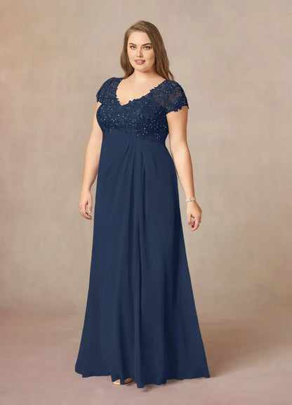 Elegant Navy Blue Chiffon A-Line V-Neck Floor-Length Mother of the Bride Dress