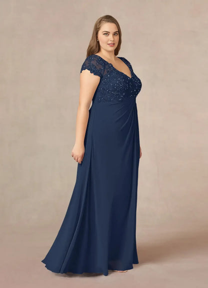 Elegant Navy Blue Chiffon A-Line V-Neck Floor-Length Mother of the Bride Dress