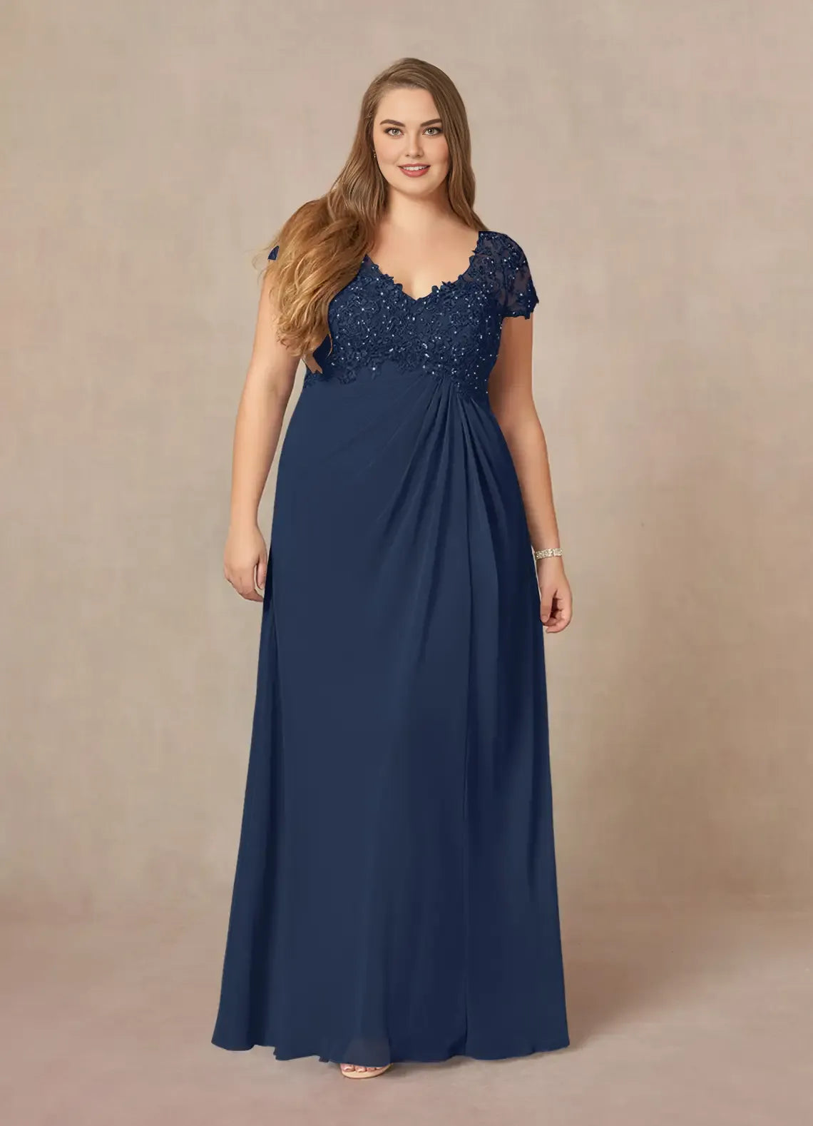 Elegant Navy Blue Chiffon A-Line V-Neck Floor-Length Mother of the Bride Dress