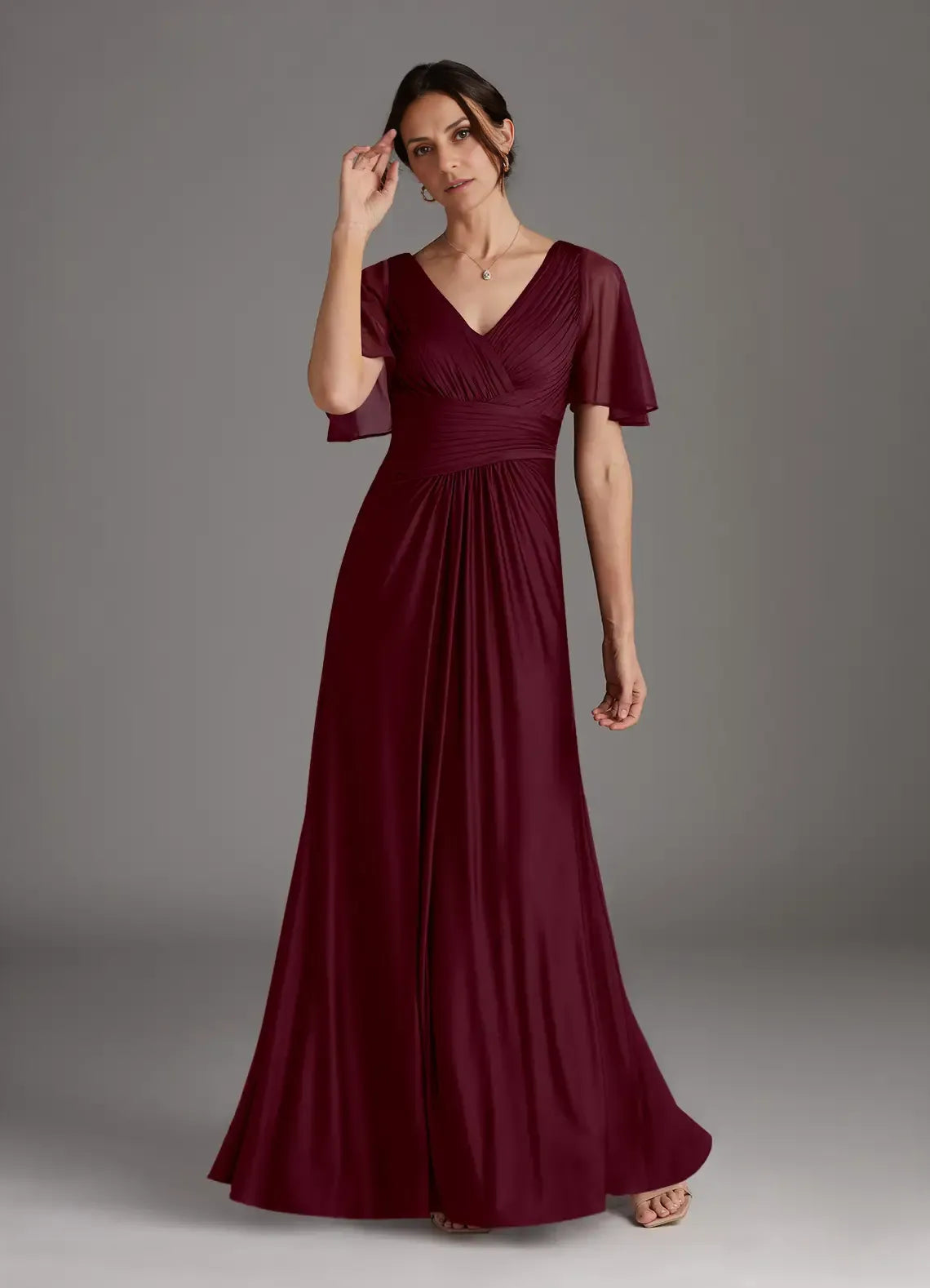 Stylish Elegant Burgundy Chiffon A-Line V-Neck Floor-Length Mother of the Bride Dress