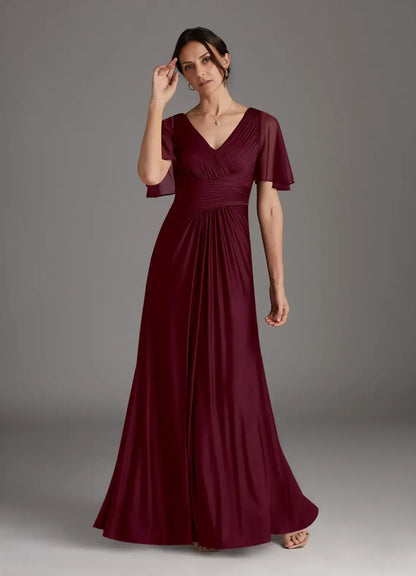 Stylish Elegant Burgundy Chiffon A-Line V-Neck Floor-Length Mother of the Bride Dress
