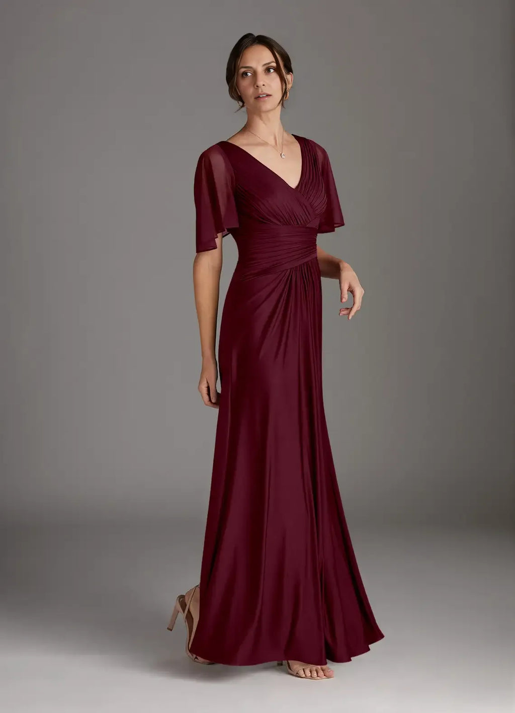 Stylish Elegant Burgundy Chiffon A-Line V-Neck Floor-Length Mother of the Bride Dress