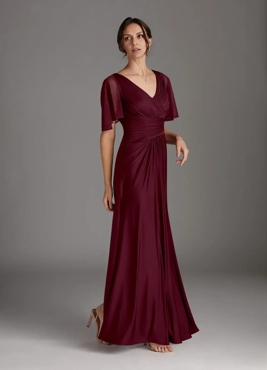 Stylish Elegant Burgundy Chiffon A-Line V-Neck Floor-Length Mother of the Bride Dress