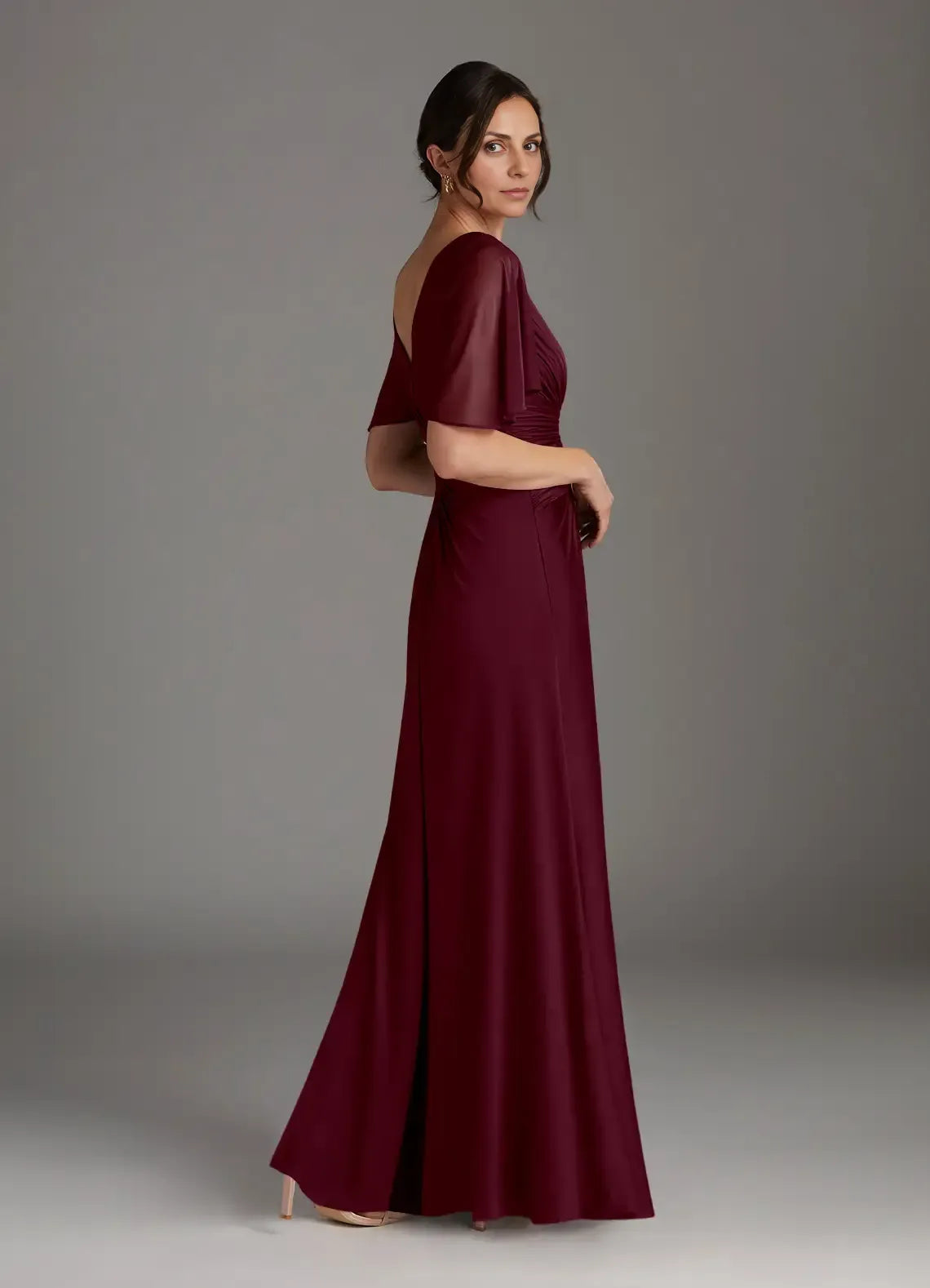 Stylish Elegant Burgundy Chiffon A-Line V-Neck Floor-Length Mother of the Bride Dress