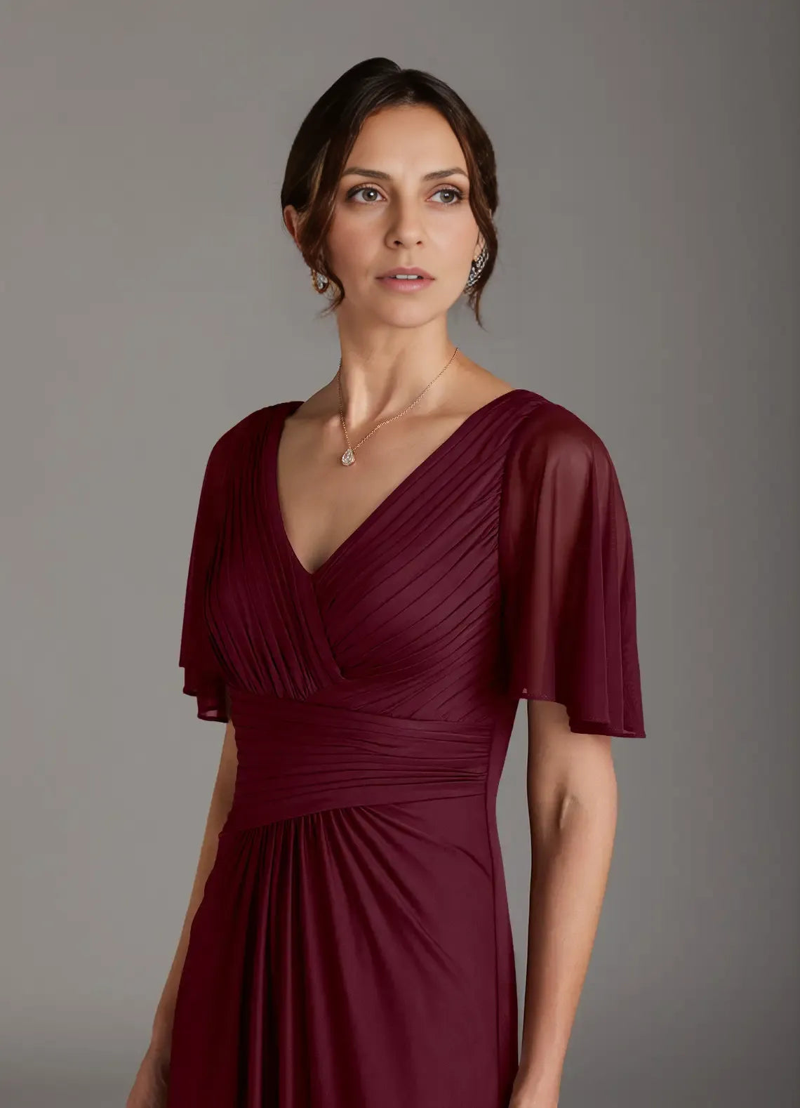 Stylish Elegant Burgundy Chiffon A-Line V-Neck Floor-Length Mother of the Bride Dress