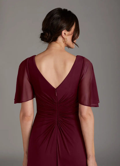 Stylish Elegant Burgundy Chiffon A-Line V-Neck Floor-Length Mother of the Bride Dress