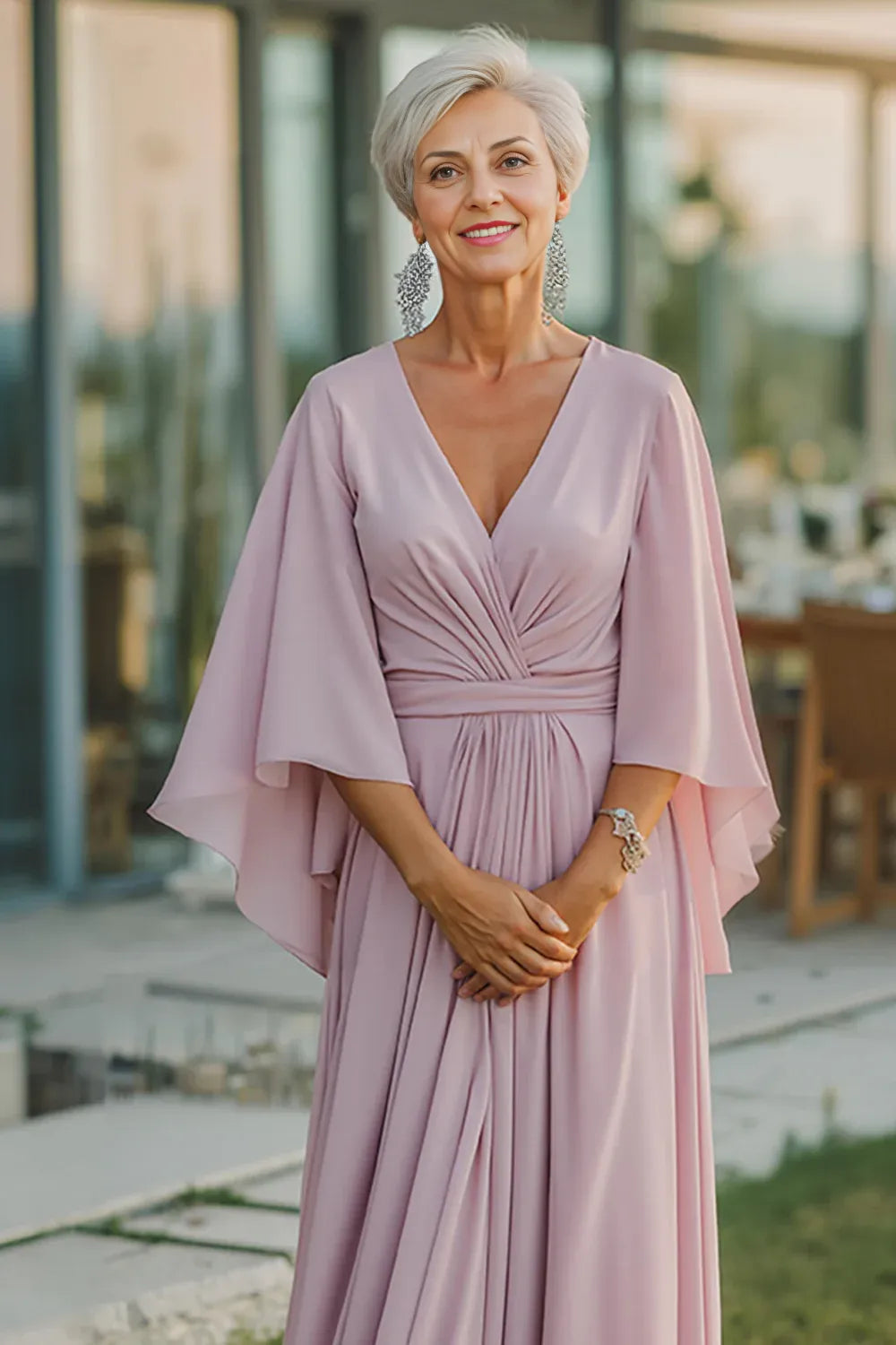 Elegant Blush Pink Chiffon A-Line V-Neck Backless Floor-Length Mother of the Bride Dress