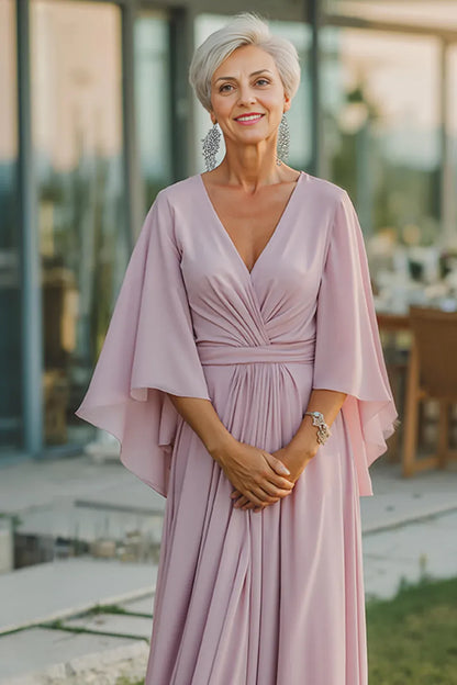 Elegant Blush Pink Chiffon A-Line V-Neck Backless Floor-Length Mother of the Bride Dress