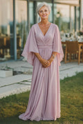 Elegant Blush Pink Chiffon A-Line V-Neck Backless Floor-Length Mother of the Bride Dress