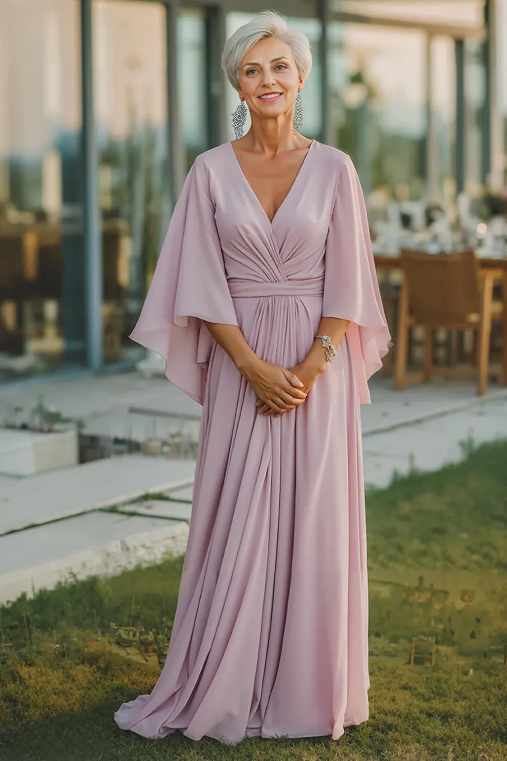 Elegant Blush Pink Chiffon A-Line V-Neck Backless Floor-Length Mother of the Bride Dress