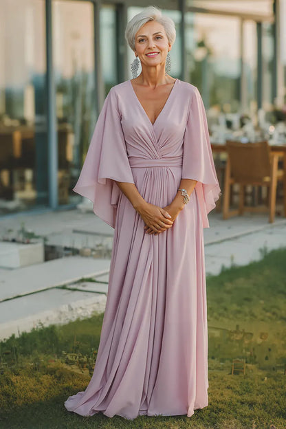 Elegant Blush Pink Chiffon A-Line V-Neck Backless Floor-Length Mother of the Bride Dress