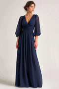 Elegant Navy Blue Chiffon A-Line V-Neck Long Sleeve Floor-Length Mother of the Bride Dress