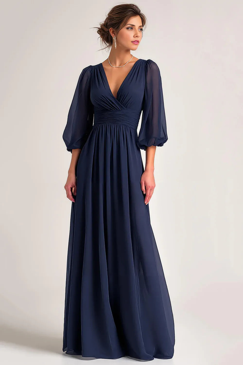 Elegant Navy Blue Chiffon A-Line V-Neck Long Sleeve Floor-Length Mother of the Bride Dress