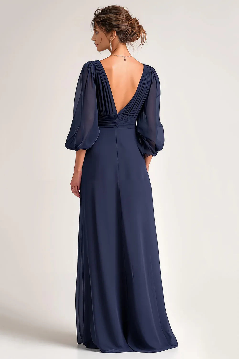 Elegant Navy Blue Chiffon A-Line V-Neck Long Sleeve Floor-Length Mother of the Bride Dress