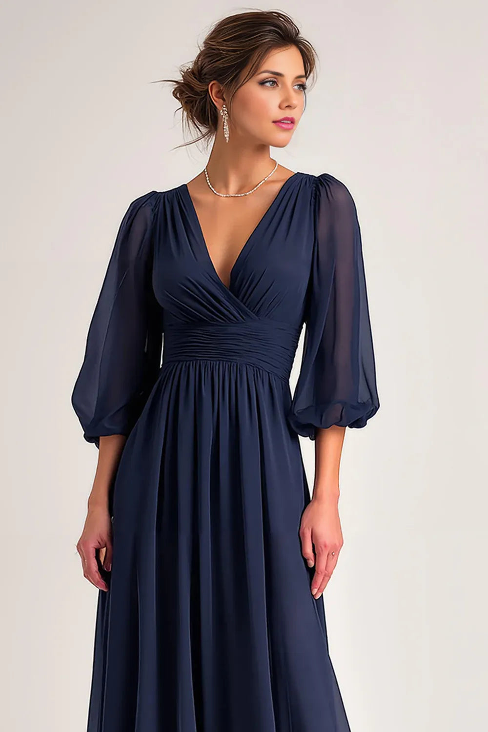 Elegant Navy Blue Chiffon A-Line V-Neck Long Sleeve Floor-Length Mother of the Bride Dress