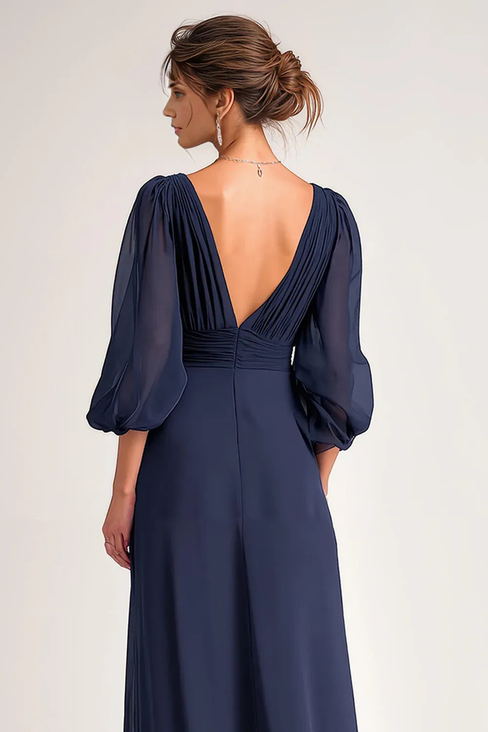 Elegant Navy Blue Chiffon A-Line V-Neck Long Sleeve Floor-Length Mother of the Bride Dress